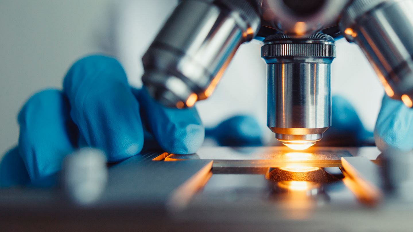 Close up of examining of test sample under the microscope